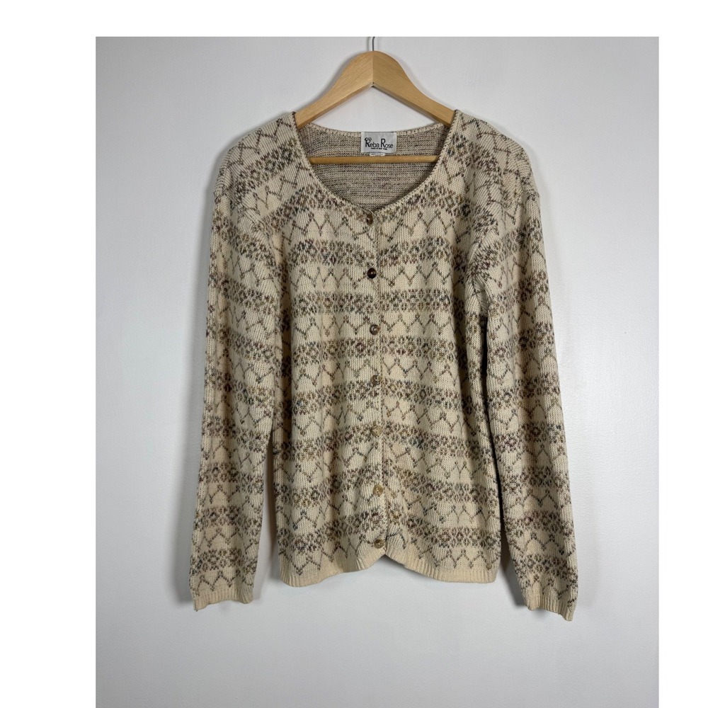 Grandmacore Reba Rose Womens Large Cardigan Cream Fair Isle Cotton Knit Sweater